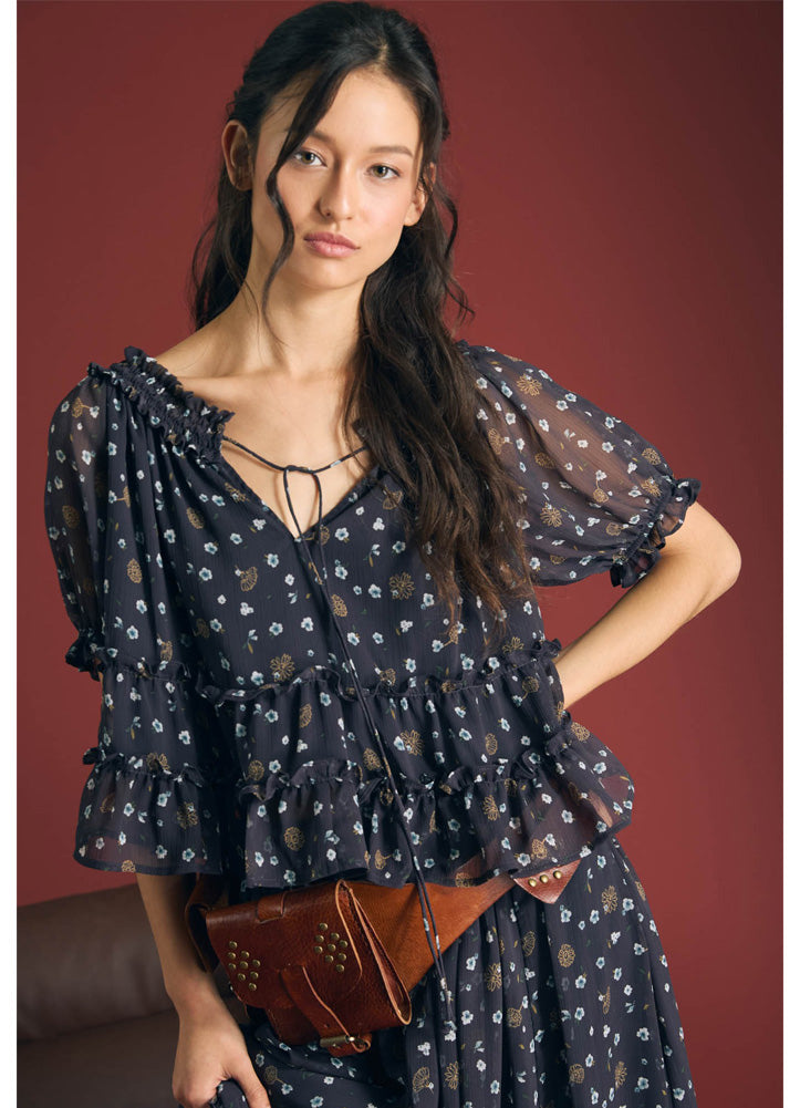 Floral Smocked Neckline Front Tie Puff Sleeve Top in Navy Multi by Blu Pepper