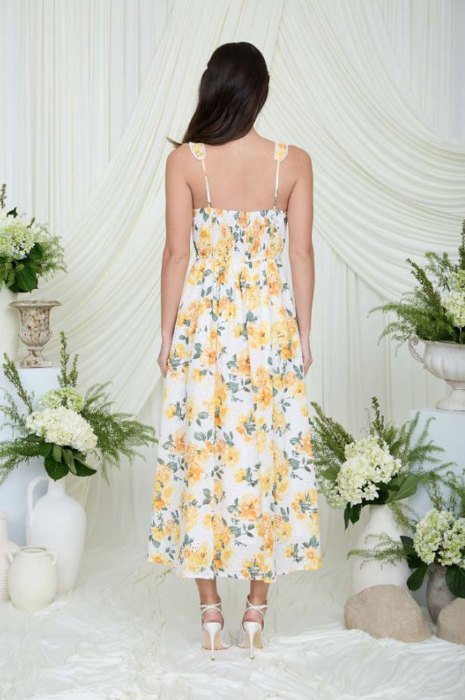 Floral Eyelet Scallop Lace Trim Midi Dress in Yellow Multi by Blu Pepper