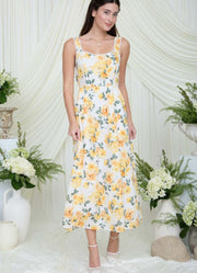 Floral Eyelet Scallop Lace Trim Midi Dress in Yellow Multi by Blu Pepper
