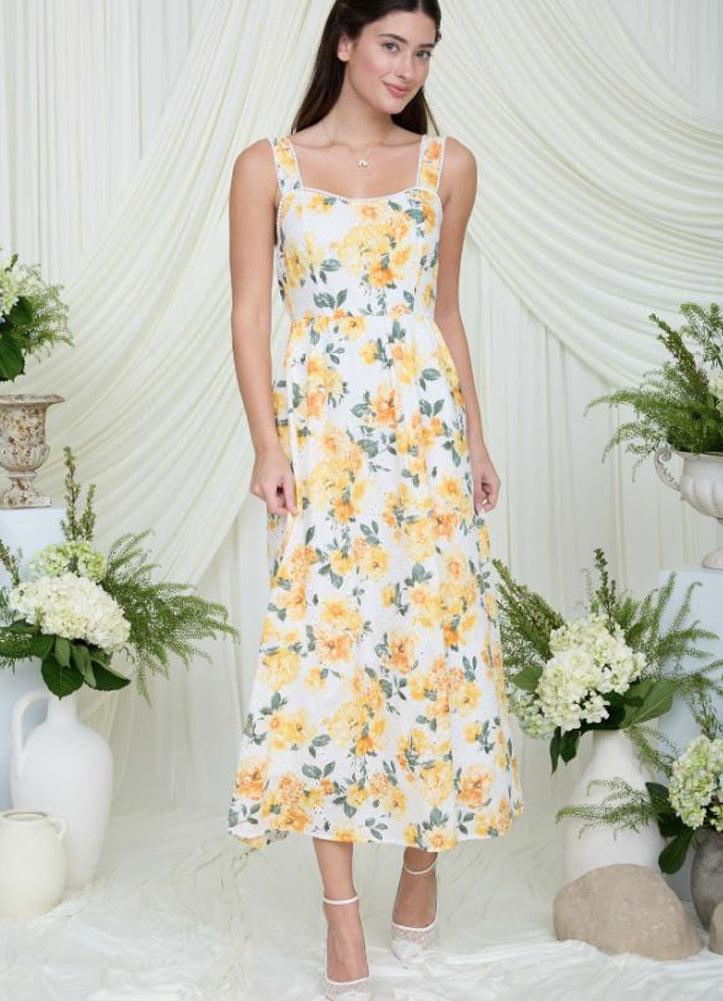 Floral Eyelet Scallop Lace Trim Midi Dress in Yellow Multi by Blu Pepper