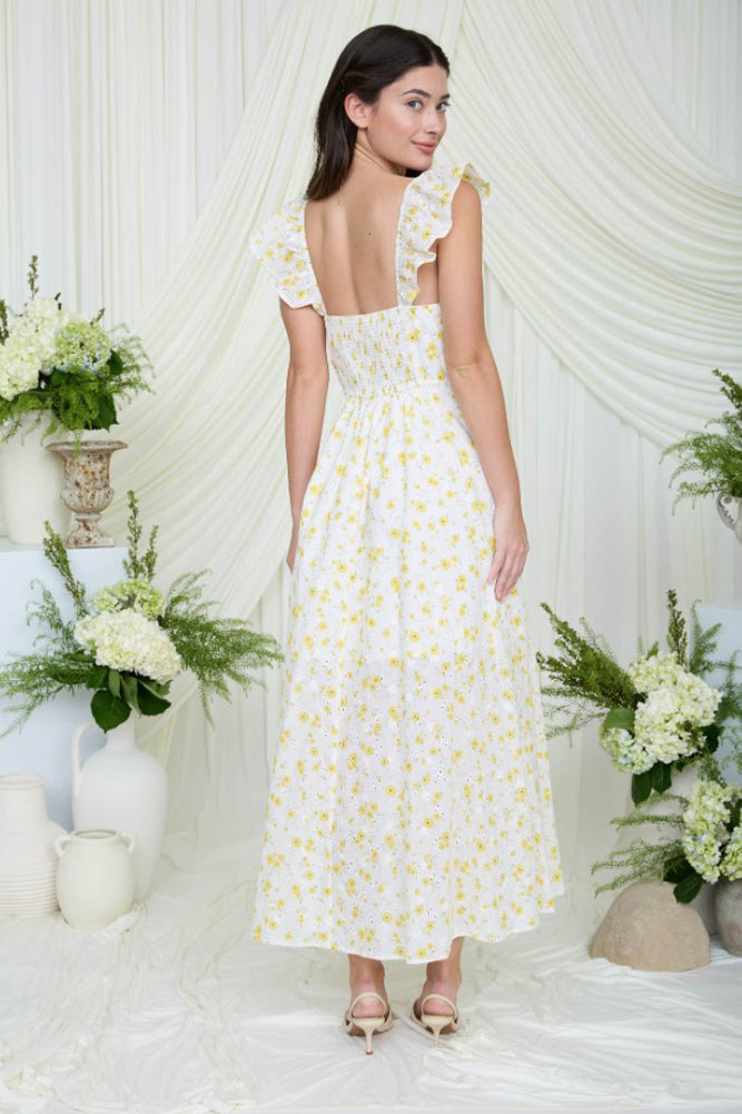 Floral Eyelet Front Slit Corset Midi Dress in Yellow Multi by Blu Pepper