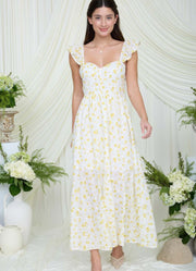 Floral Eyelet Front Slit Corset Midi Dress in Yellow Multi by Blu Pepper