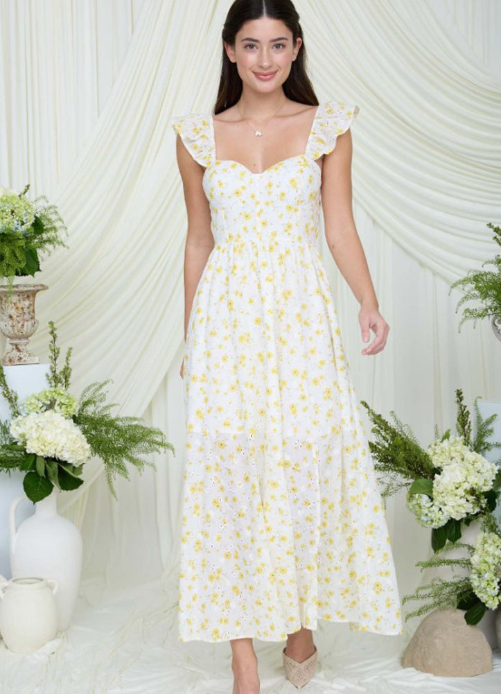 Floral Eyelet Front Slit Corset Midi Dress in Yellow Multi by Blu Pepper