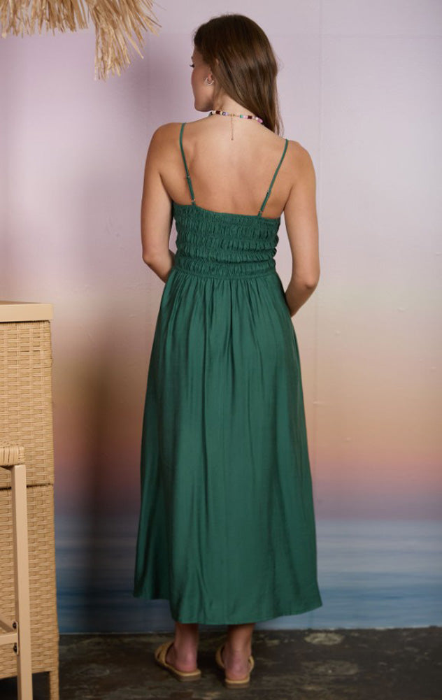 Shirred Bodice Spaghetti Strap Midi Dress in Kelly Green by Blu Pepper