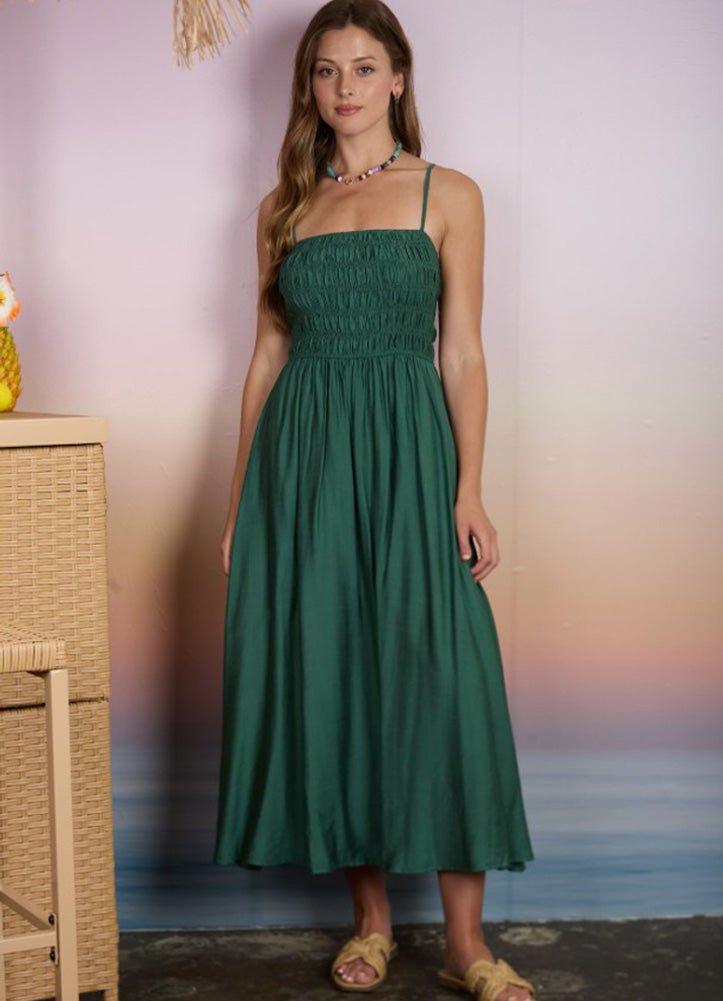 Shirred Bodice Spaghetti Strap Midi Dress in Kelly Green by Blu Pepper
