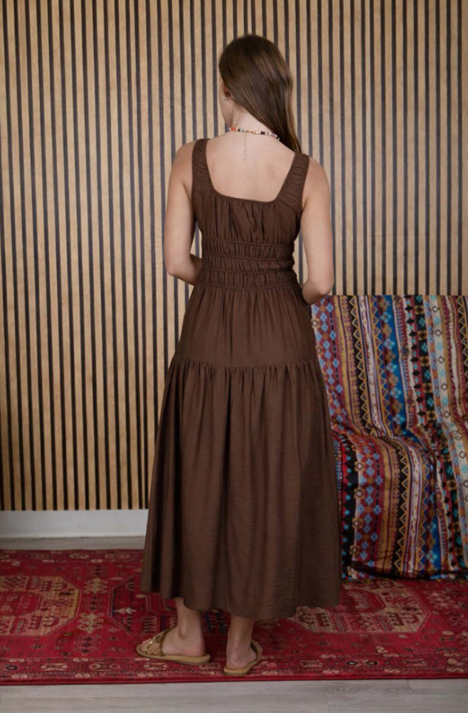 Satin Front Tie Shirred Waist Midi Dress in Dark Brown by Blu Pepper