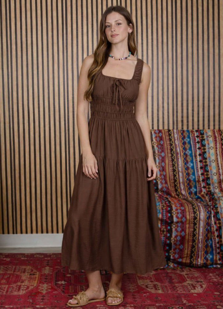 Satin Front Tie Shirred Waist Midi Dress in Dark Brown by Blu Pepper