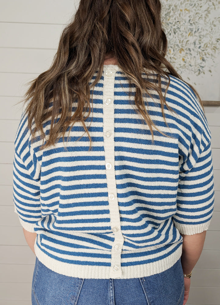 Stripe Contrast Trim SS Sweater in Blue by Blu Pepper