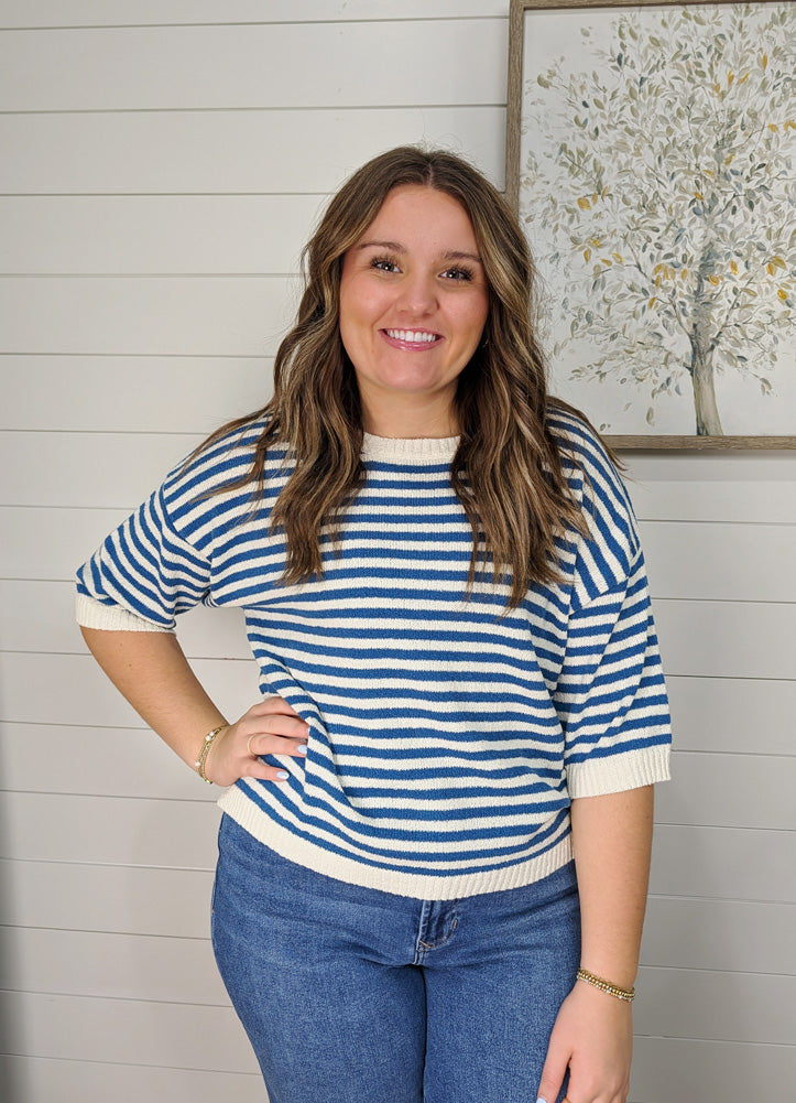 Stripe Contrast Trim SS Sweater in Blue by Blu Pepper