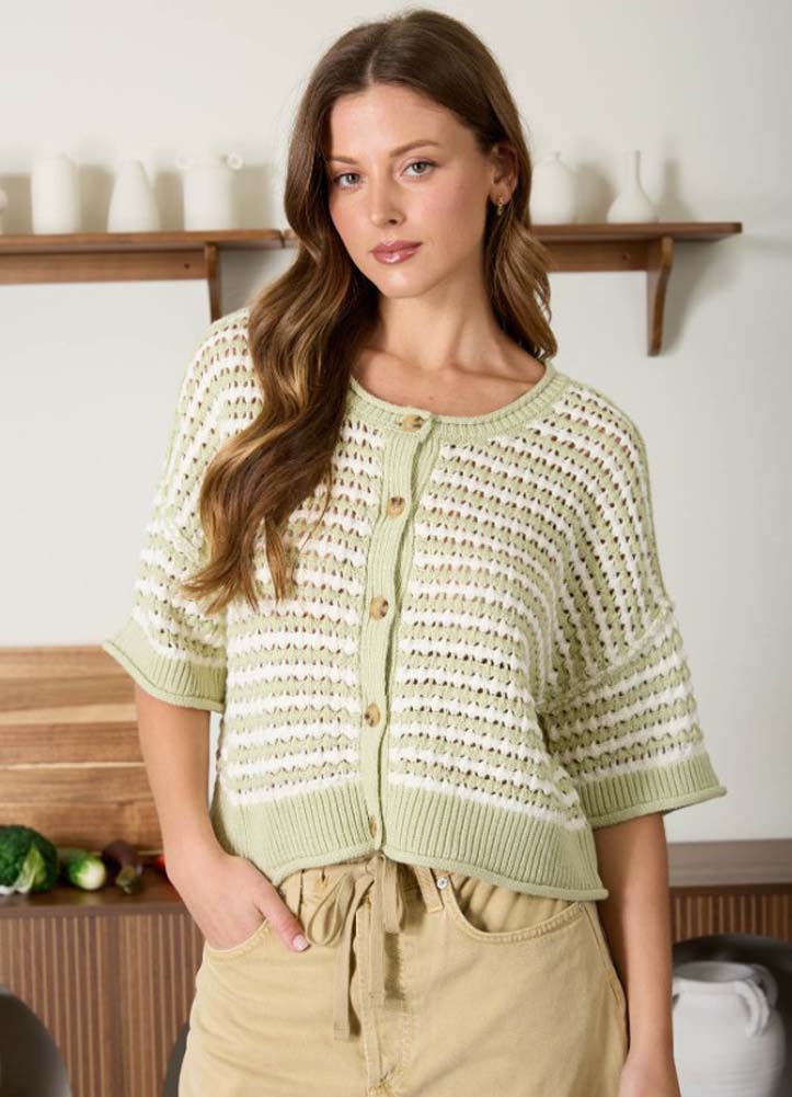 Sleeveless Striped Sweater with Back Bow Detail in Light Olive by Blu Pepper