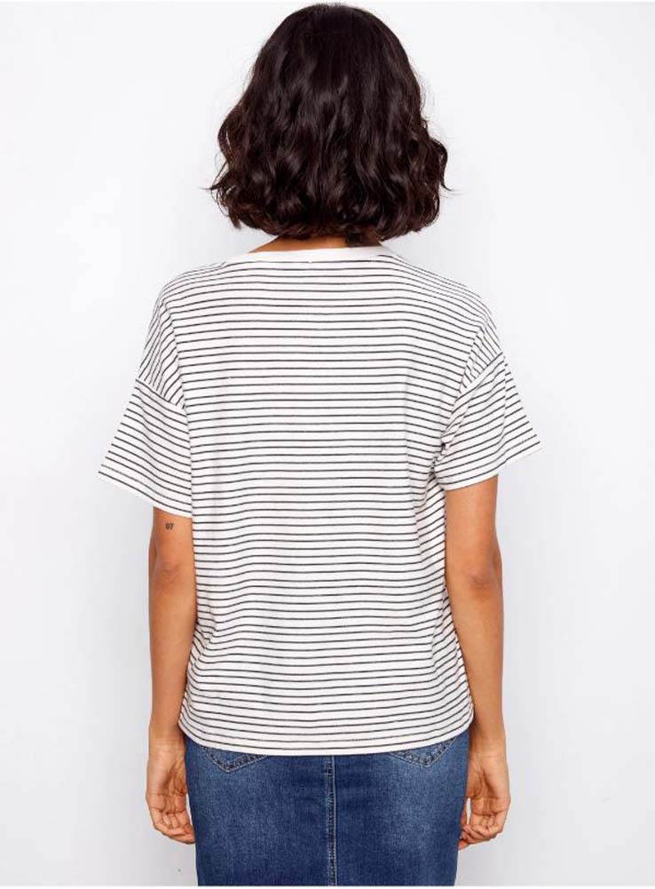 Yarn Dye SS Crew Neck Embroidered Top in Navy by Charlie B