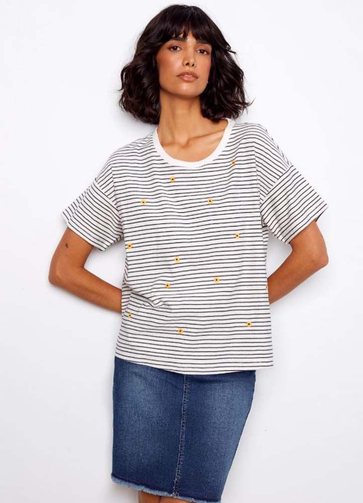 Yarn Dye SS Crew Neck Embroidered Top in Navy by Charlie B