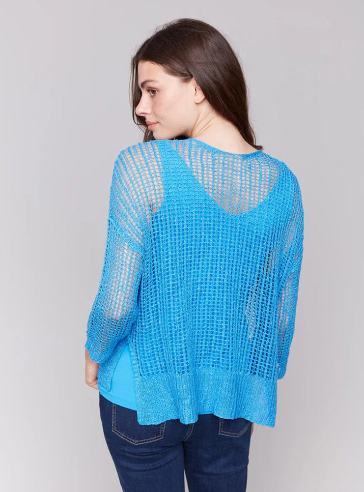 3/4 Sleeve V Neck Solid Fishnet Sweater in Lagoon by Charlie B
