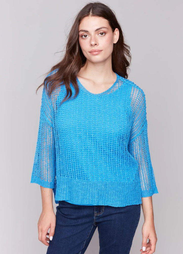 3/4 Sleeve V Neck Solid Fishnet Sweater in Lagoon by Charlie B