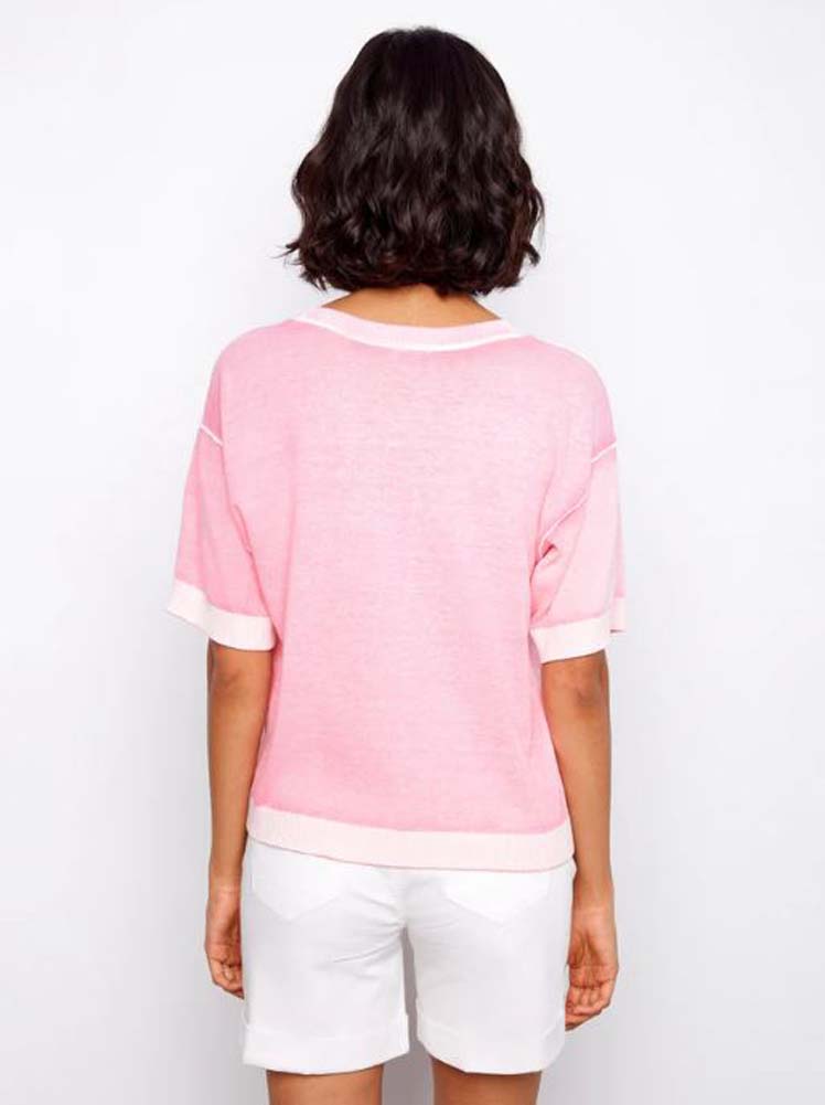 Reverse Print SS Crew Neck Sweater in Candy by Charlie B