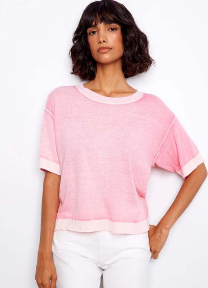 Reverse Print SS Crew Neck Sweater in Candy by Charlie B