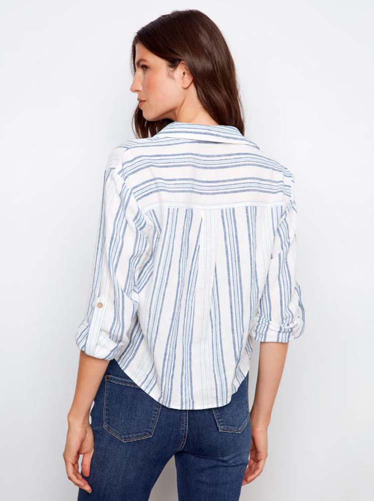 Yarn Dye Stripe Twist Front Top in Denim by Charlie B