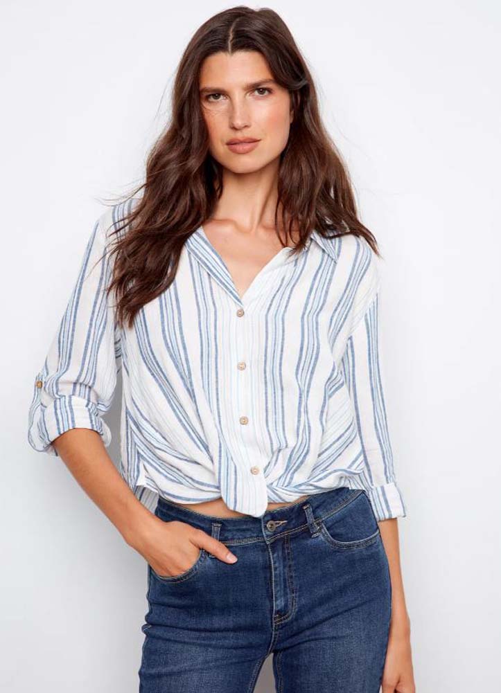 Yarn Dye Stripe Twist Front Top in Denim by Charlie B