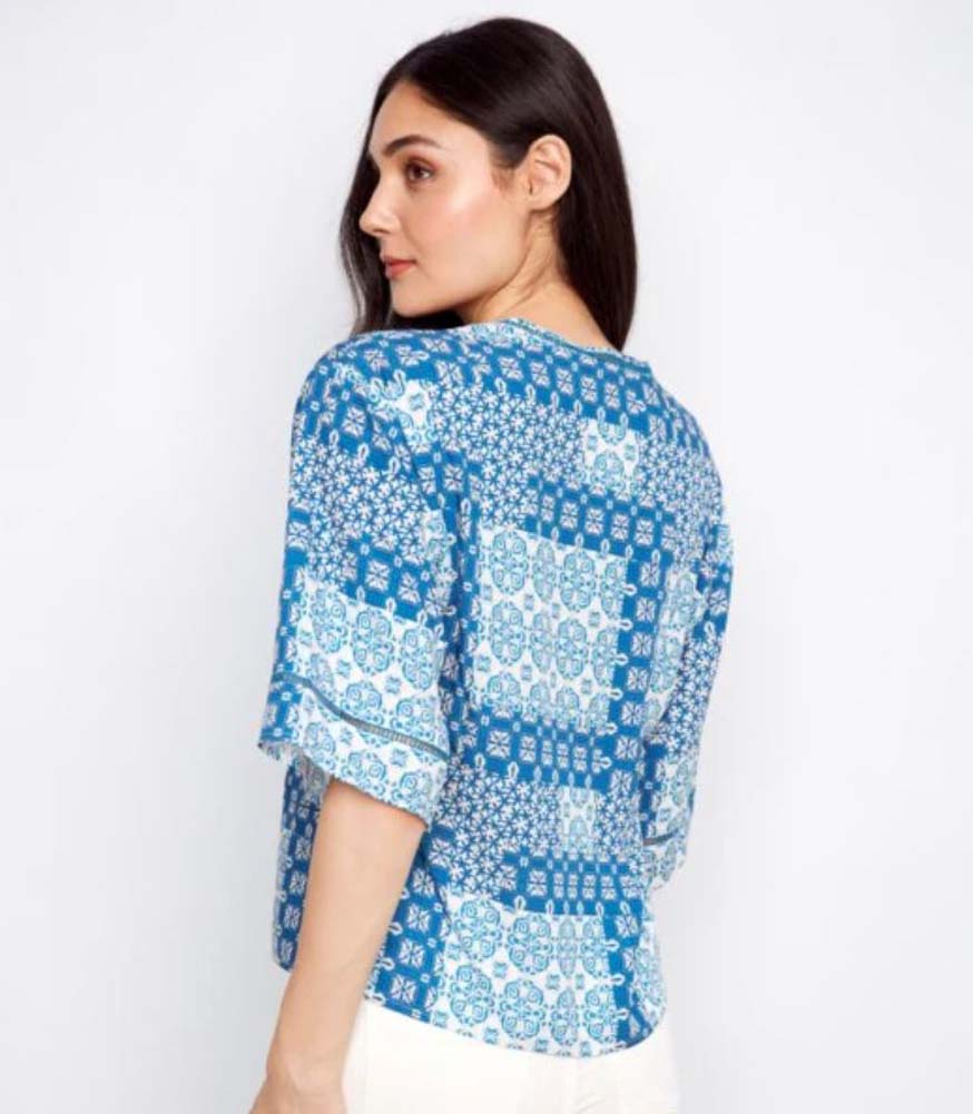 Printed Wide Elbow Sleeve V Neck Blouse in Patchwork by Charlie B