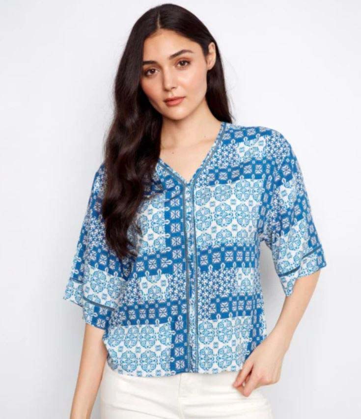 Printed Wide Elbow Sleeve V Neck Blouse in Patchwork by Charlie B