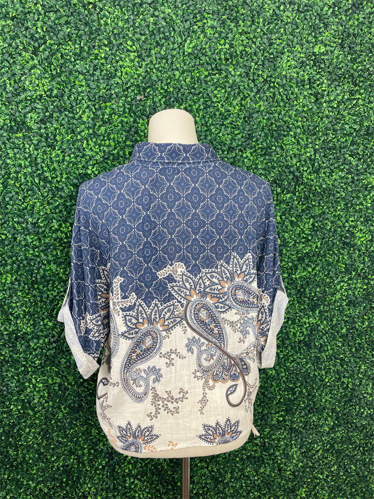 Printed Front Tie Button Front Blouse in Denim by Charlie B
