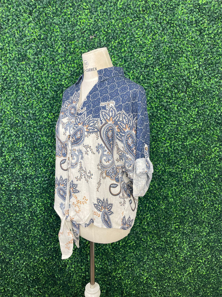 Printed Front Tie Button Front Blouse in Denim by Charlie B