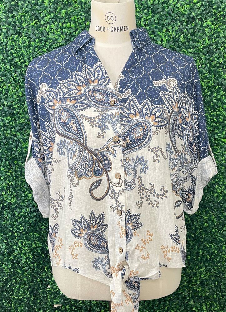 Printed Front Tie Button Front Blouse in Denim by Charlie B