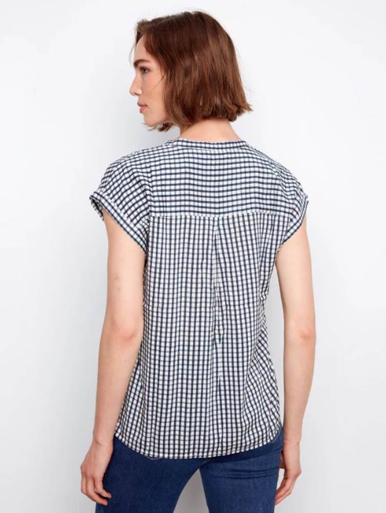 Printed Gingahm SS Blouse in Navy by Charlie B