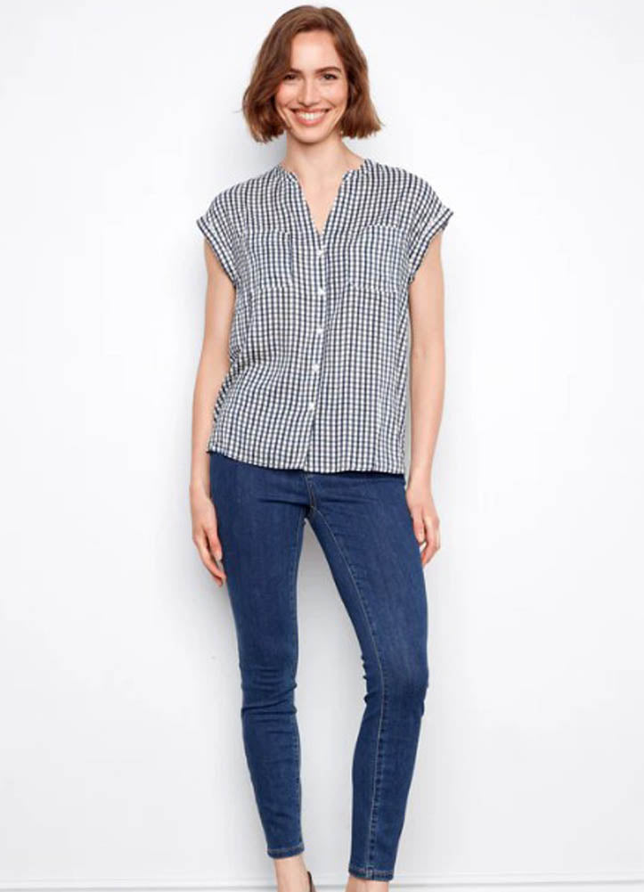 Printed Gingahm SS Blouse in Navy by Charlie B