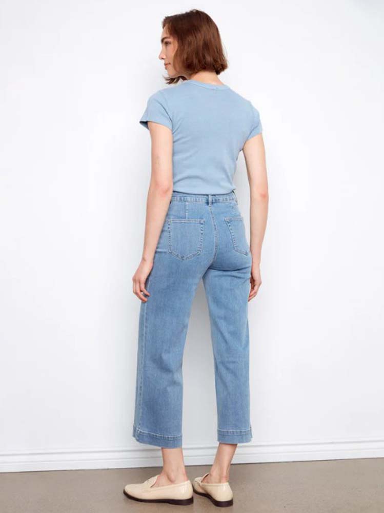 Stretch Denim Cropped Flare Leg Patch Pocket Pants in Blue Jean by Charlie B