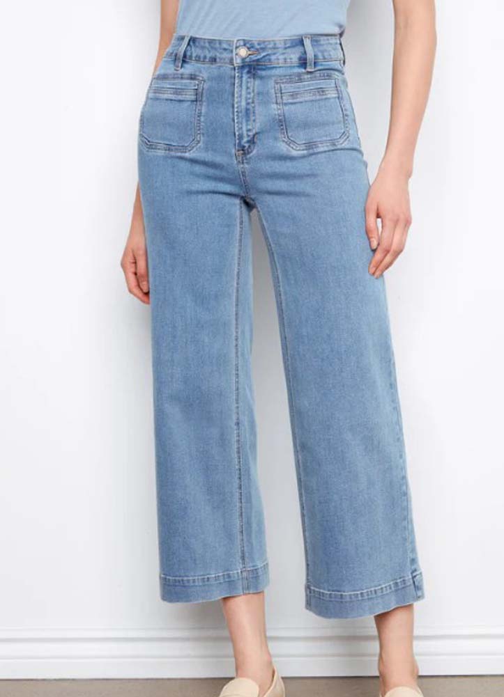 Stretch Denim Cropped Flare Leg Patch Pocket Pants in Blue Jean by Charlie B