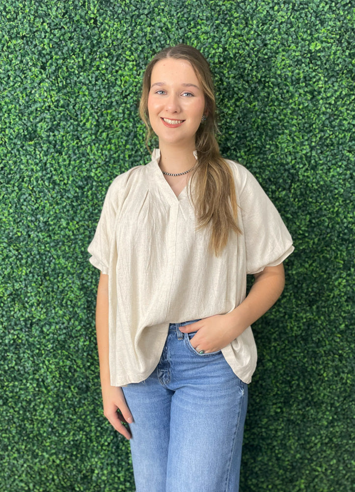 Linen V Neck Flutter Sleeve Top in Oatmeal by Umgee