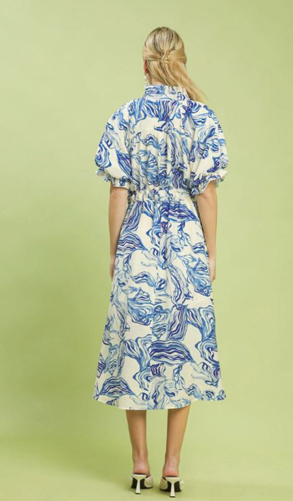 Abstract Print Smocked Tie Waist Midi Dress in Blue by Umgee
