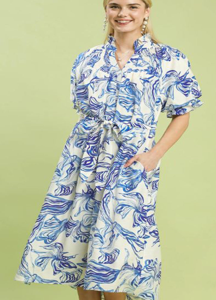 Abstract Print Smocked Tie Waist Midi Dress in Blue by Umgee
