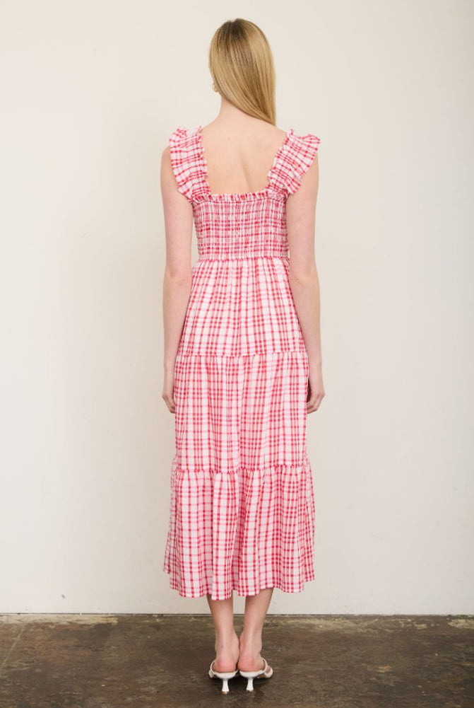 Plaid Smocked Ruffle Strap Tiered Midi Dress in Red by Blu Pepper