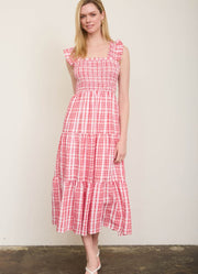 Plaid Smocked Ruffle Strap Tiered Midi Dress in Red by Blu Pepper
