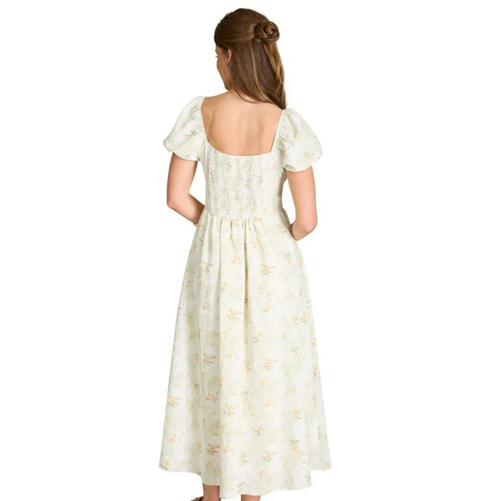 Floral Sweetheart Puff Sleeve Corset Midi Dress in Light Khaki Multi by Blu Pepper