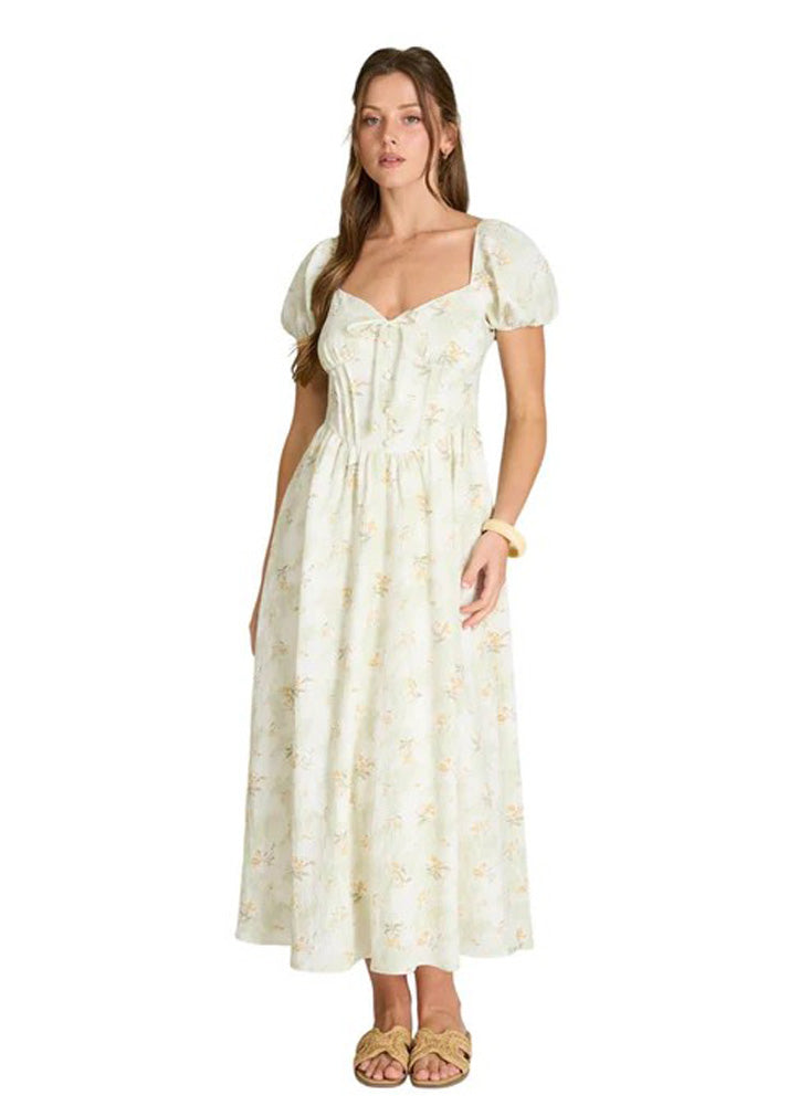 Floral Sweetheart Puff Sleeve Corset Midi Dress in Light Khaki Multi by Blu Pepper