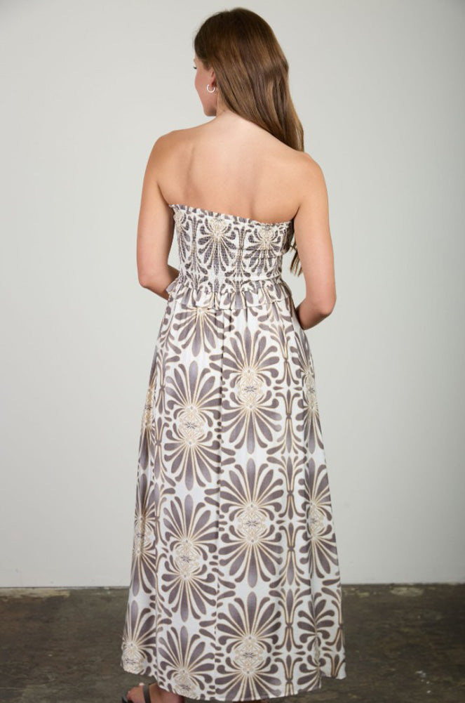 Demask Pattern Strapless Smocked Midi Sundress in Charcoal Multi by Blu Pepper
