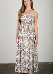 Demask Pattern Strapless Smocked Midi Sundress in Charcoal Multi by Blu Pepper