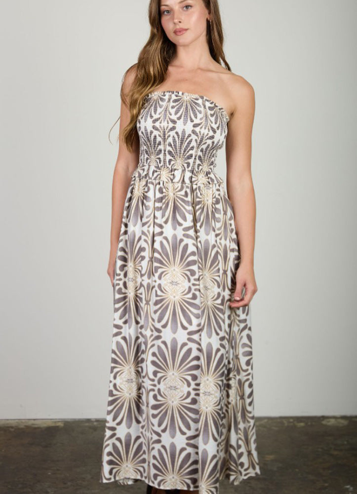 Demask Pattern Strapless Smocked Midi Sundress in Charcoal Multi by Blu Pepper