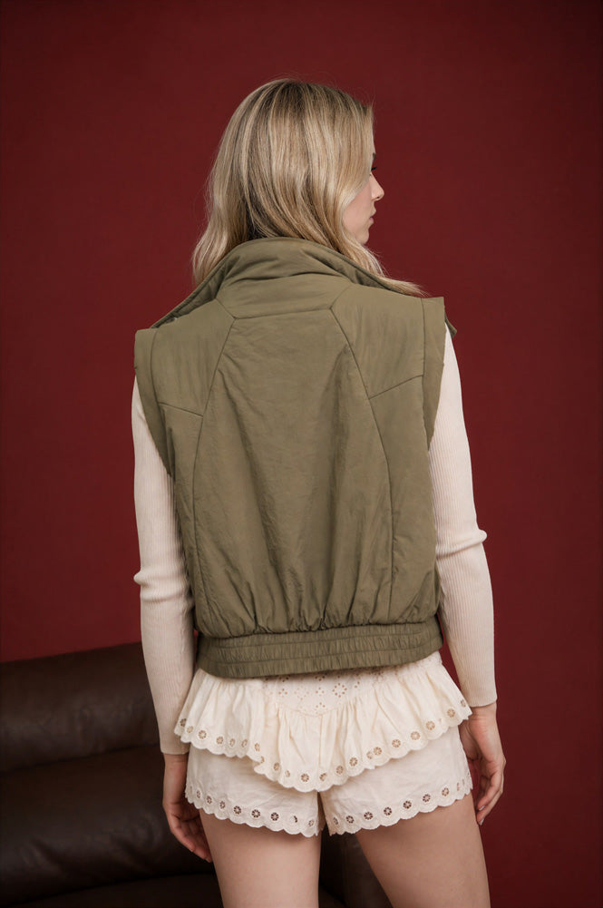Cropped Mock Neck Snap Puffer Vest in Olive by Blu Pepper