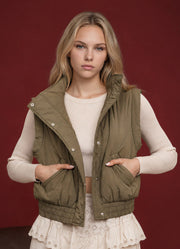 Cropped Mock Neck Snap Puffer Vest in Olive by Blu Pepper