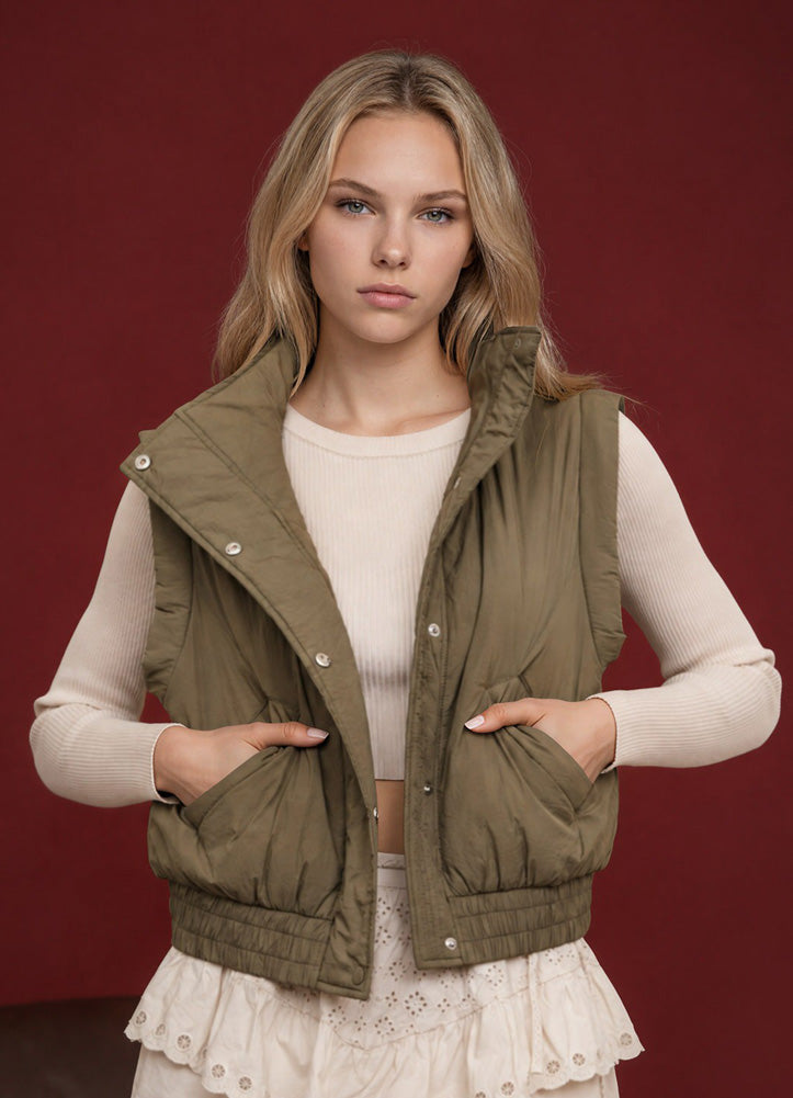 Cropped Mock Neck Snap Puffer Vest in Olive by Blu Pepper