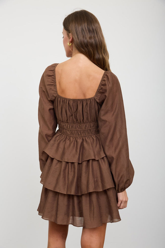 Smocked Bishop Sleeve Tiered Mini Dress in Brown by Blu Pepper