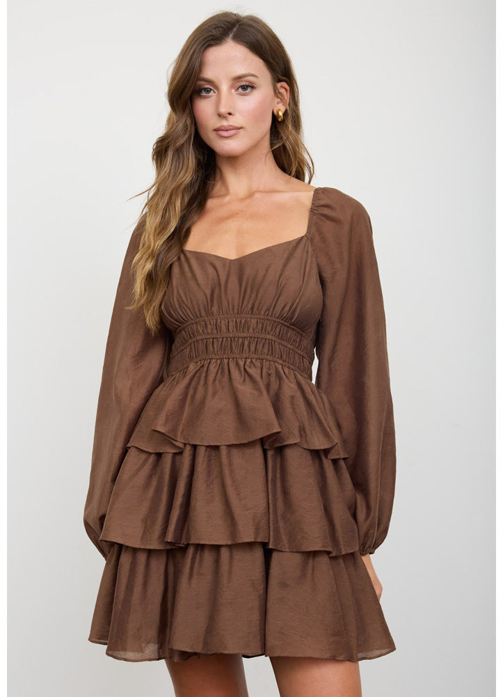 Smocked Bishop Sleeve Tiered Mini Dress in Brown by Blu Pepper