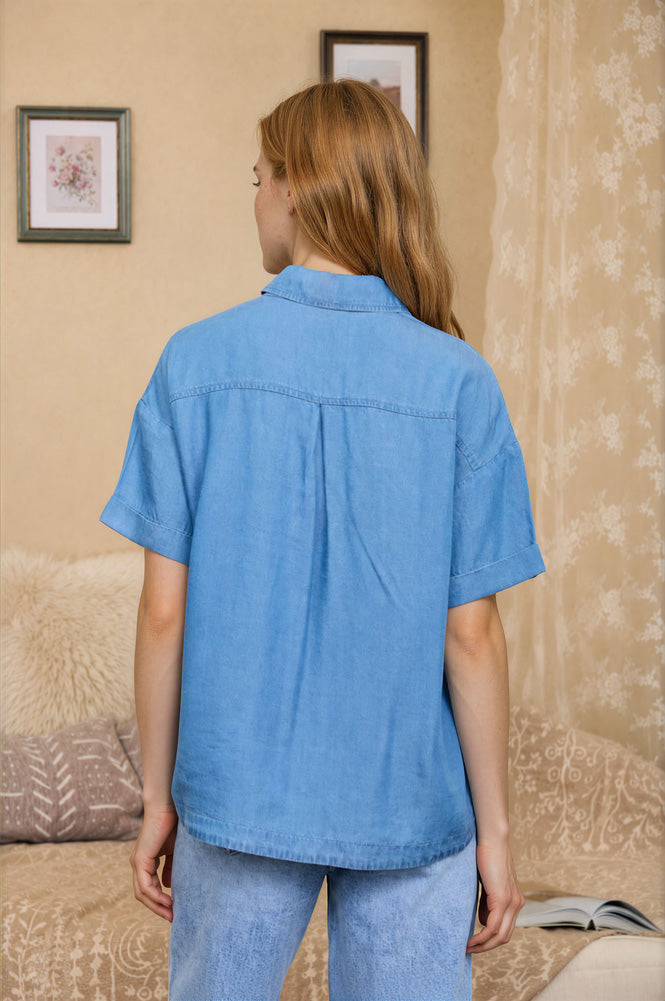 Button Down Side Slit SS Top in Chambray by Blu Pepper