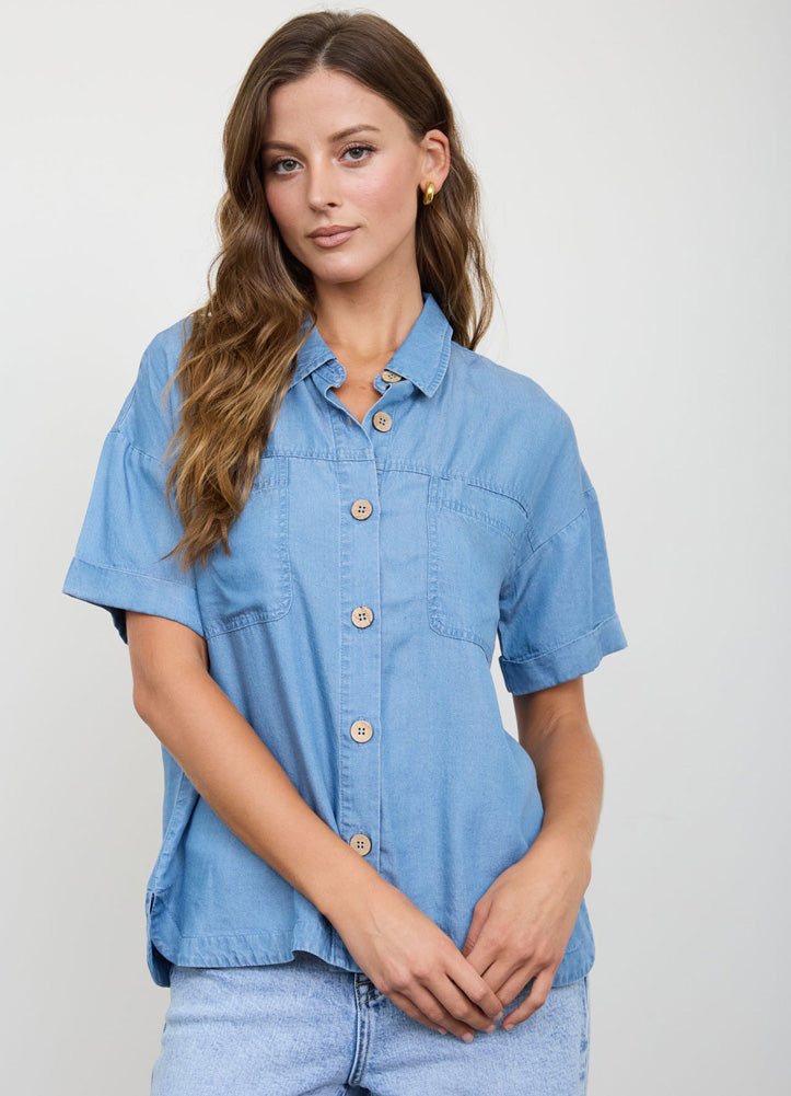 Button Down Side Slit SS Top in Chambray by Blu Pepper