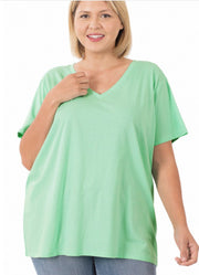 Plus Boyfriend V Neck Tee in Green Mint by Zenana