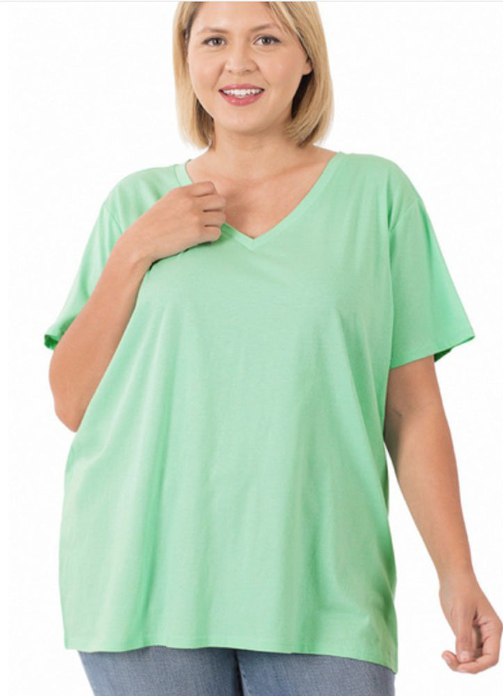 Plus Boyfriend V Neck Tee in Green Mint by Zenana